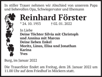 Traueranzeige von Reinhard Förster  von Magdeburger Volksstimme