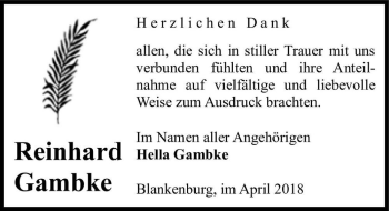 Traueranzeige von Reinhard Gambke  von Magdeburger Volksstimme