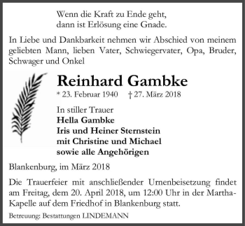 Traueranzeige von Reinhard Gambke  von Magdeburger Volksstimme