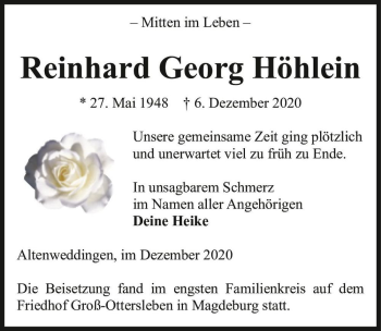 Traueranzeige von Reinhard Georg Höhlein  von Magdeburger Volksstimme