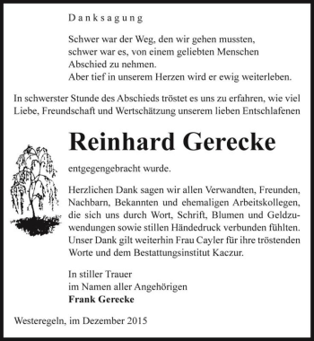 Traueranzeige von Reinhard Gerecke  von Magdeburger Volksstimme