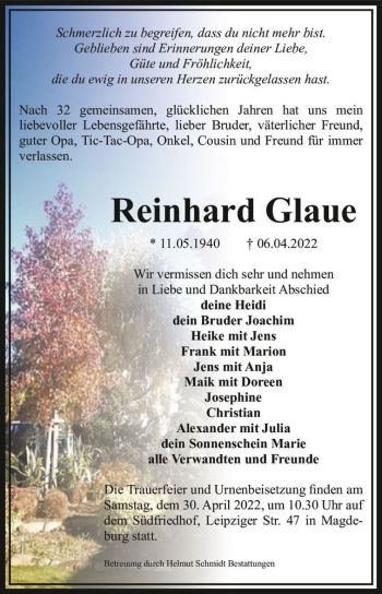 Traueranzeige von Reinhard Glaue  von Magdeburger Volksstimme