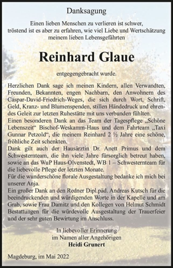 Traueranzeige von Reinhard Glaue  von Magdeburger Volksstimme