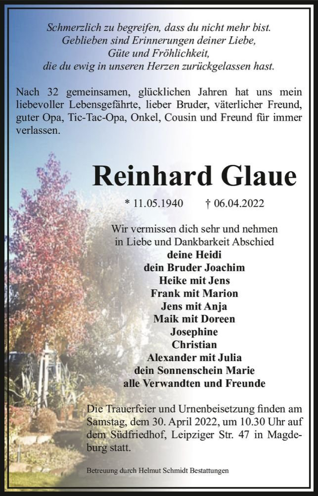  Traueranzeige für Reinhard Glaue  vom 16.04.2022 aus Magdeburger Volksstimme
