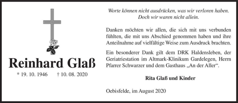  Traueranzeige für Reinhard Glaß  vom 26.08.2020 aus Magdeburger Volksstimme