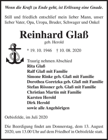 Traueranzeige von Reinhard Glaß (geb. Herold)  von Magdeburger Volksstimme