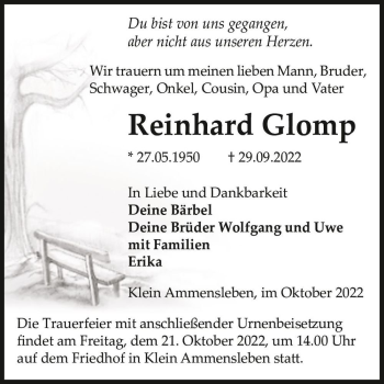 Traueranzeige von Reinhard Glomp  von Magdeburger Volksstimme