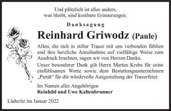 Traueranzeige von Reinhard Griwodz (Paule)  von Magdeburger Volksstimme