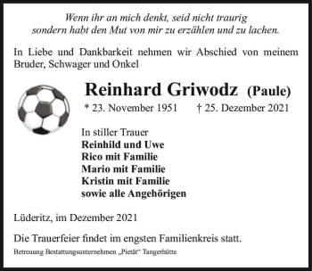 Traueranzeige von Reinhard Griwodz 