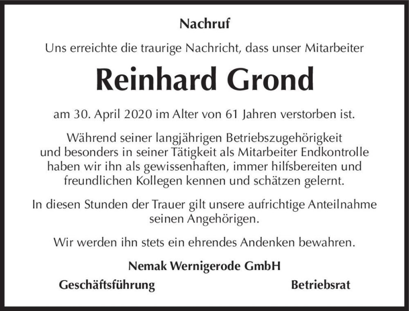  Traueranzeige für Reinhard Grond  vom 16.05.2020 aus Magdeburger Volksstimme