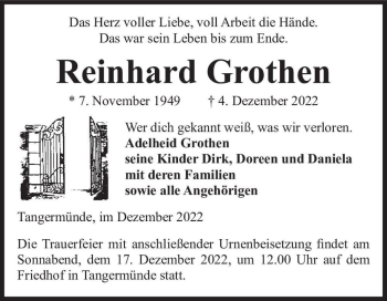 Traueranzeige von Reinhard Grothen  von Magdeburger Volksstimme