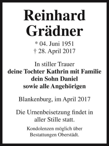 Traueranzeige von Reinhard Grädner  von Magdeburger Volksstimme