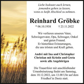 Traueranzeige von Reinhard Gröbke  von Magdeburger Volksstimme