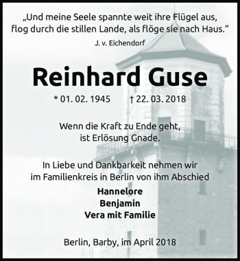 Traueranzeige von Reinhard Guse  von Magdeburger Volksstimme