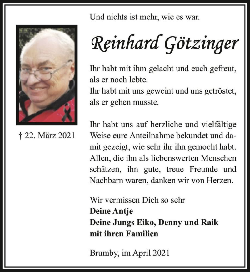  Traueranzeige für Reinhard Götzinger  vom 24.04.2021 aus Magdeburger Volksstimme