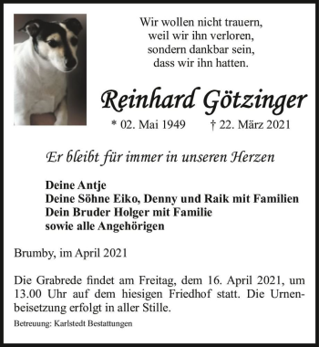 Traueranzeige von Reinhard Götzinger  von Magdeburger Volksstimme
