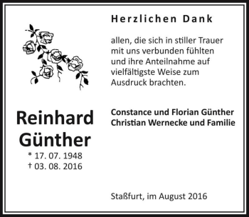Traueranzeige von Reinhard Günther  von Magdeburger Volksstimme
