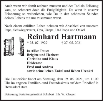 Traueranzeige von Reinhard Hartmann  von Magdeburger Volksstimme