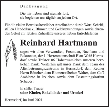 Traueranzeige von Reinhard Hartmann  von Magdeburger Volksstimme