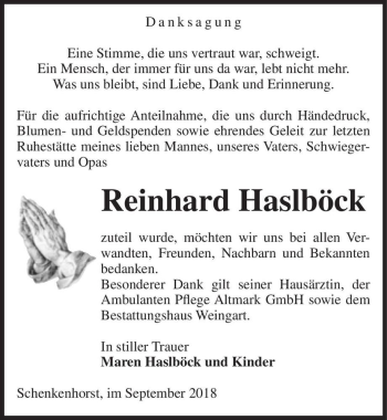 Traueranzeige von Reinhard Haslböck  von Magdeburger Volksstimme
