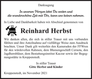 Traueranzeige von Reinhard Herbst  von Magdeburger Volksstimme