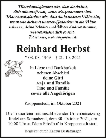 Traueranzeige von Reinhard Herbst  von Magdeburger Volksstimme