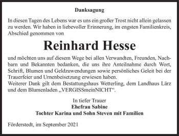Traueranzeige von Reinhard Hesse  von Magdeburger Volksstimme