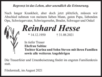 Traueranzeige von Reinhard Hesse  von Magdeburger Volksstimme