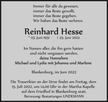 Traueranzeige von Reinhard Hesse  von Magdeburger Volksstimme
