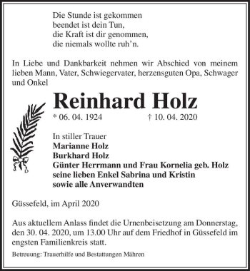 Traueranzeige von Reinhard Holz  von Magdeburger Volksstimme