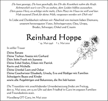 Traueranzeige von Reinhard Hoppe  von Magdeburger Volksstimme