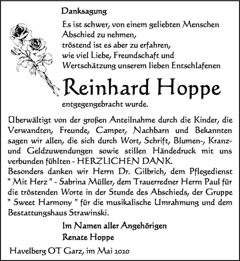  Traueranzeige für Reinhard Hoppe  vom 20.05.2020 aus Magdeburger Volksstimme