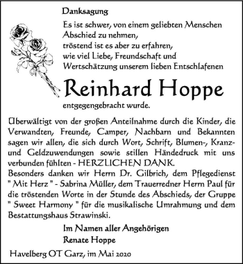 Traueranzeige von Reinhard Hoppe  von Magdeburger Volksstimme