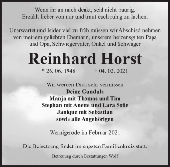 Traueranzeige von Reinhard Horst  von Magdeburger Volksstimme