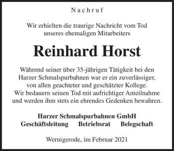 Traueranzeige von Reinhard Horst  von Magdeburger Volksstimme