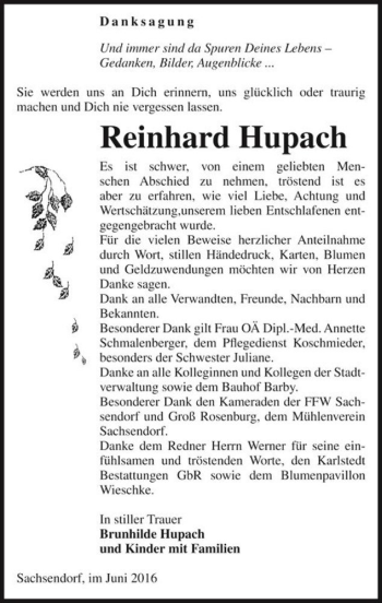 Traueranzeige von Reinhard Hupach  von Magdeburger Volksstimme