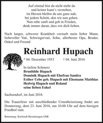 Traueranzeige von Reinhard Hupach  von Magdeburger Volksstimme