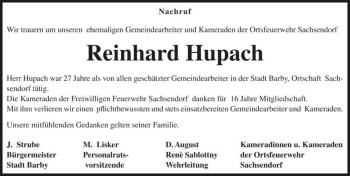 Traueranzeige von Reinhard Hupach  von Magdeburger Volksstimme