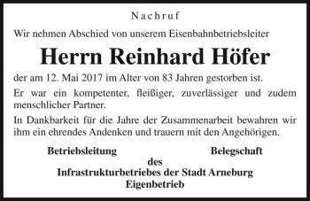 Traueranzeige von Reinhard Höfer  von Magdeburger Volksstimme