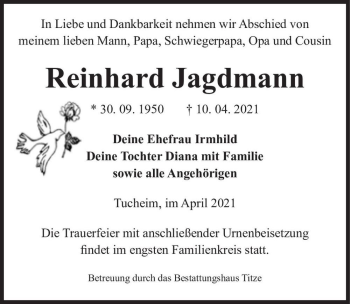 Traueranzeige von Reinhard Jagdmann  von Magdeburger Volksstimme