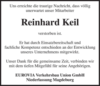 Traueranzeige von Reinhard Keil  von Magdeburger Volksstimme