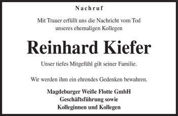 Traueranzeige von Reinhard Kiefer  von Magdeburger Volksstimme
