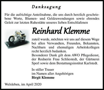 Traueranzeige von Reinhard Klemme  von Magdeburger Volksstimme