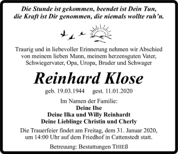 Traueranzeige von Reinhard Klose  von Magdeburger Volksstimme
