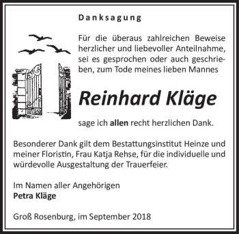 Traueranzeige von Reinhard Kläge  von Magdeburger Volksstimme