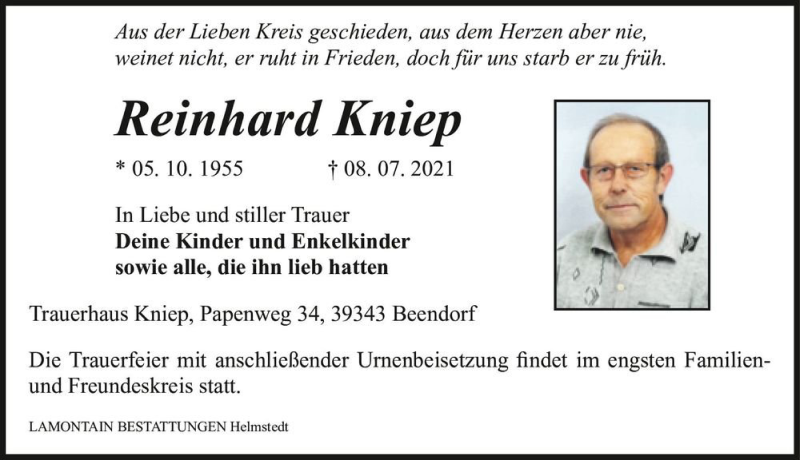  Traueranzeige für Reinhard Kniep  vom 17.07.2021 aus Magdeburger Volksstimme