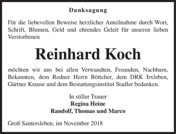 Traueranzeige von Reinhard Koch  von Magdeburger Volksstimme