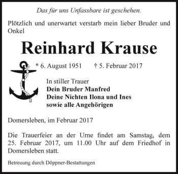 Traueranzeige von Reinhard Krause  von Magdeburger Volksstimme