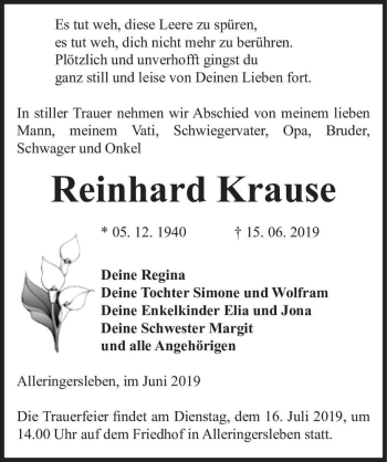 Traueranzeige von Reinhard Krause  von Magdeburger Volksstimme