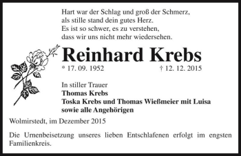 Traueranzeige von Reinhard Krebs  von Magdeburger Volksstimme